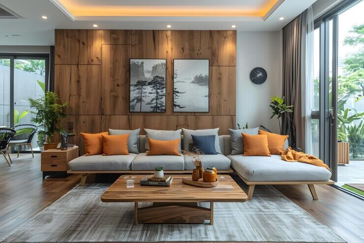 living room having wooden architecture